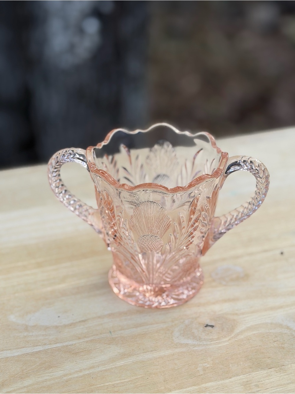 Pink Thistle Mossier Pressed Glass Two-Handled Sugar Bowl
